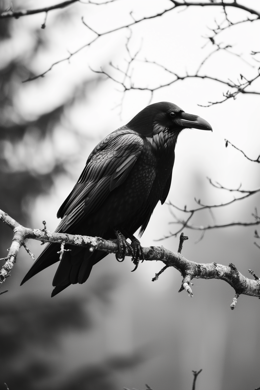 Black and white raven sitting on tree branch