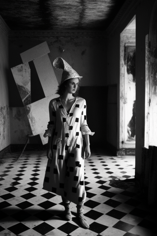 Woman wearing Harlequin costume in empty room