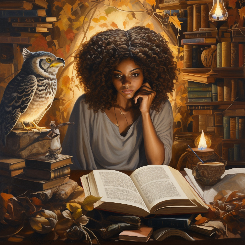 Black woman surrounded by books and studying