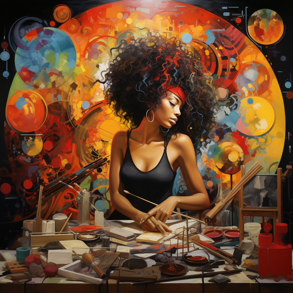 Black woman surrounded by artistic tools