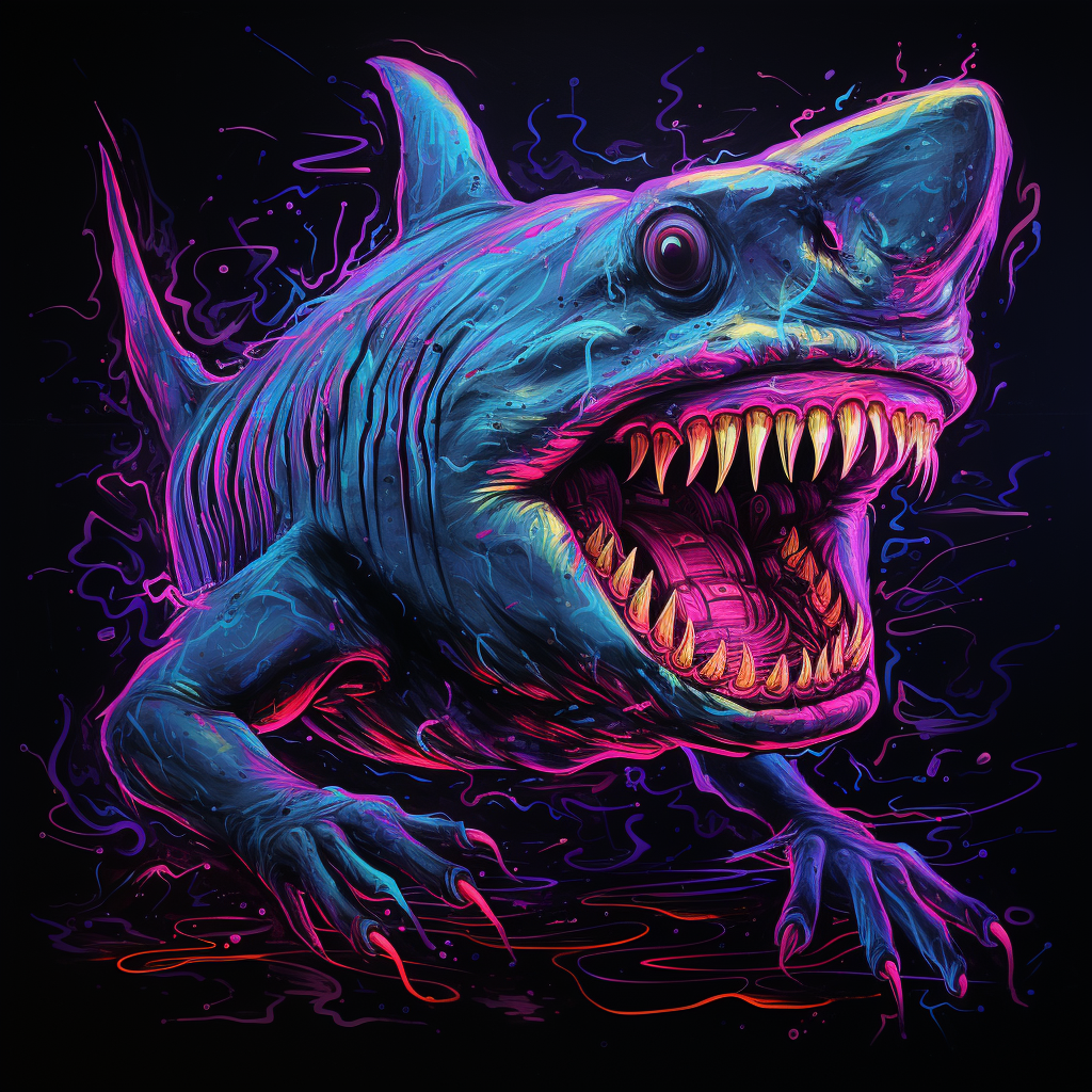 Shark with legs and hands in blacklight painting