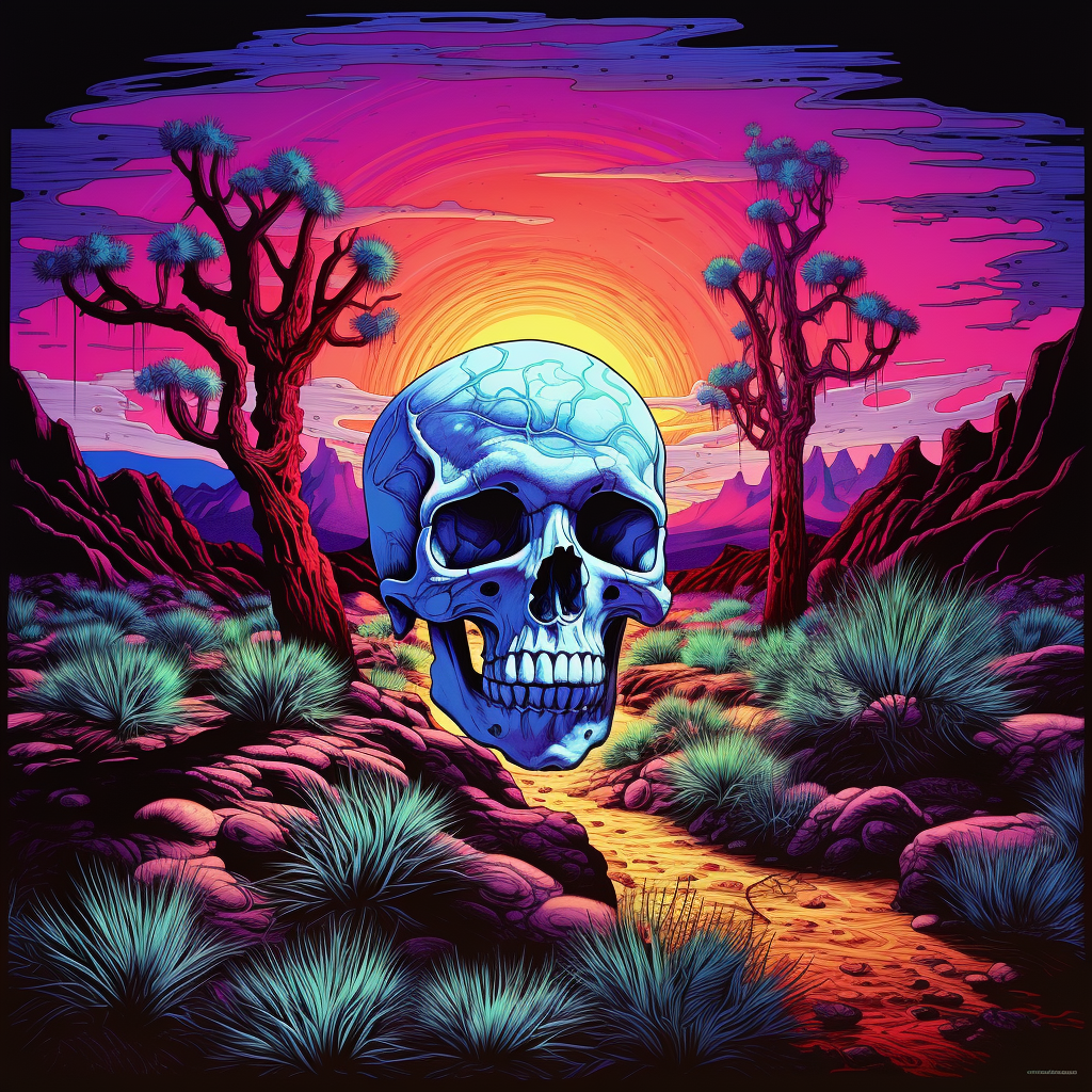 Retro skull painting in front of Joshua trees