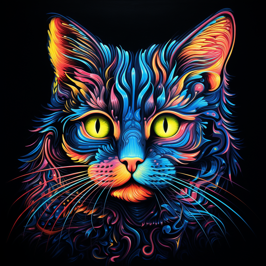 Glowing blacklight painting of a cat