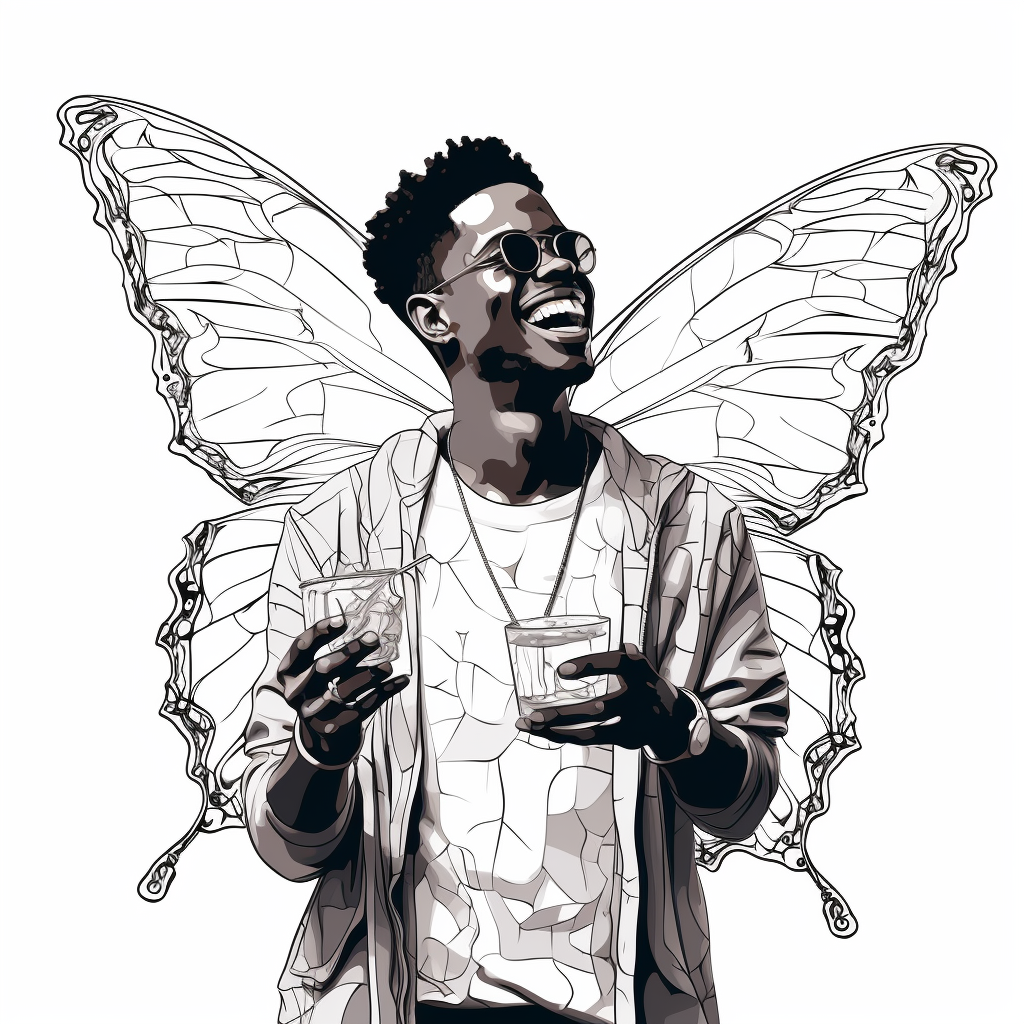 Laughing Black Man with Butterfly Wings and Glass of Water