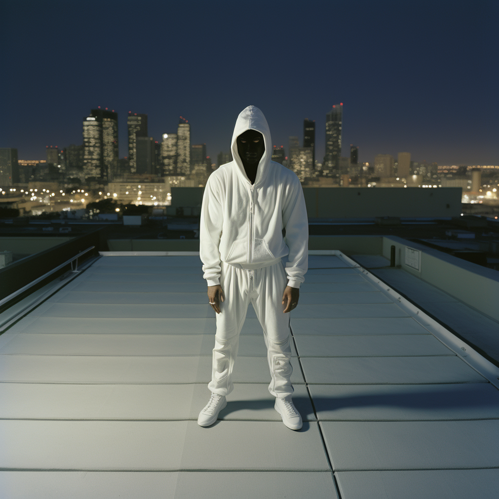 Black man wearing Japanese warrior mask on rooftop