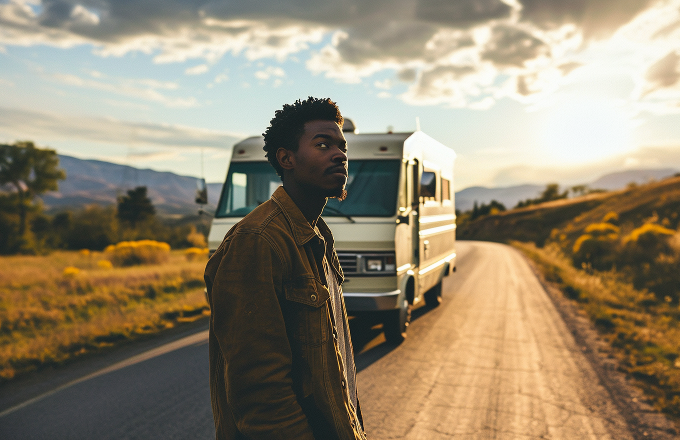 Young Black Man Standing in Front of 1970s RV