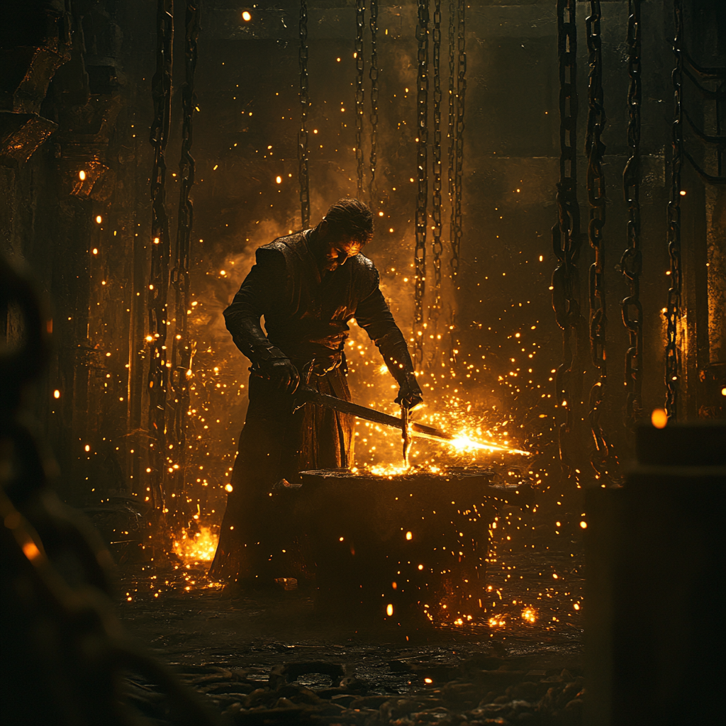 Strong Blacksmith Forging Sword Sparks