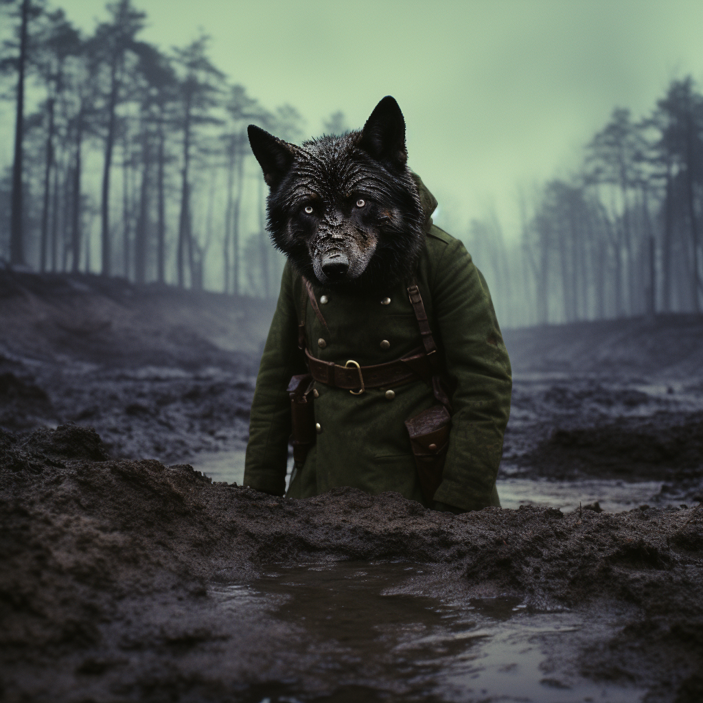 Glowing eyed black wolf overlooking a World War One soldier