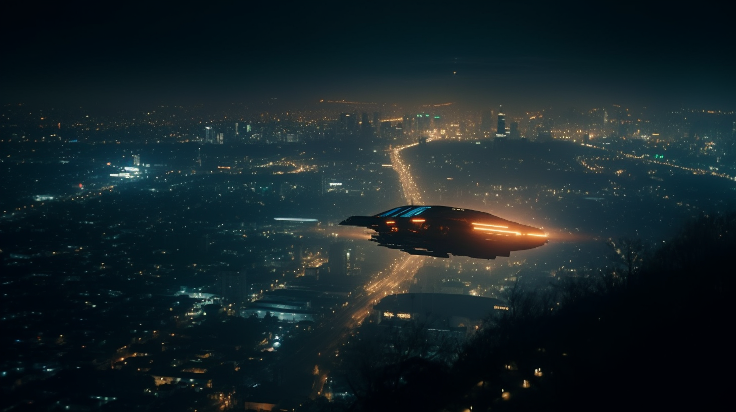 Flying car over Los Angeles at night