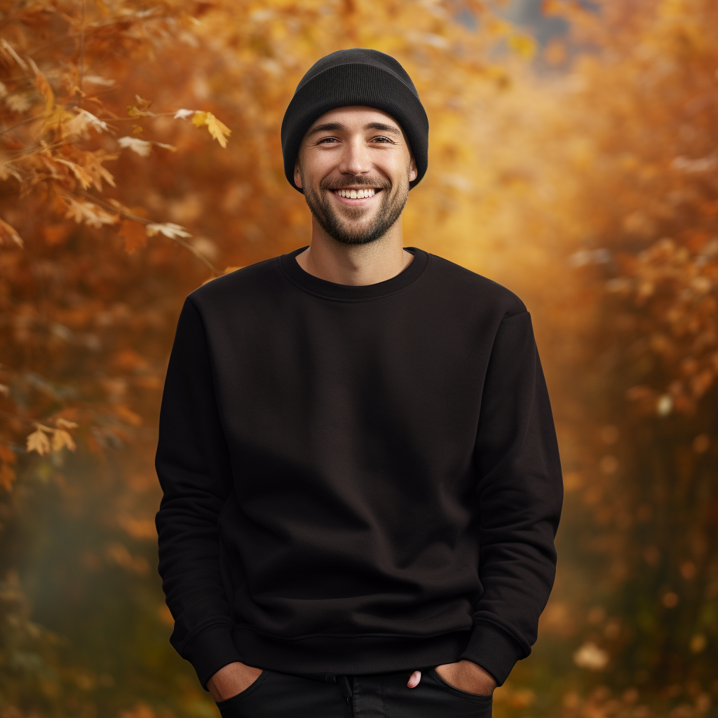 Young man wearing blank black crewneck sweatshirt