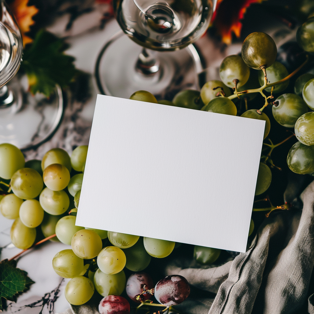 Empty card on grapes and wine