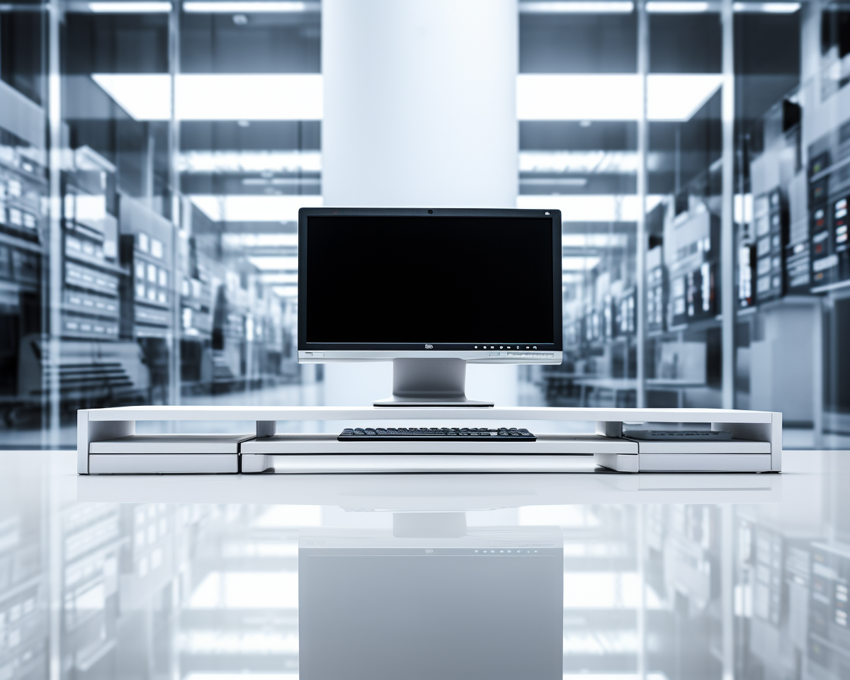 Blank iMac monitor on glossy desk in server room