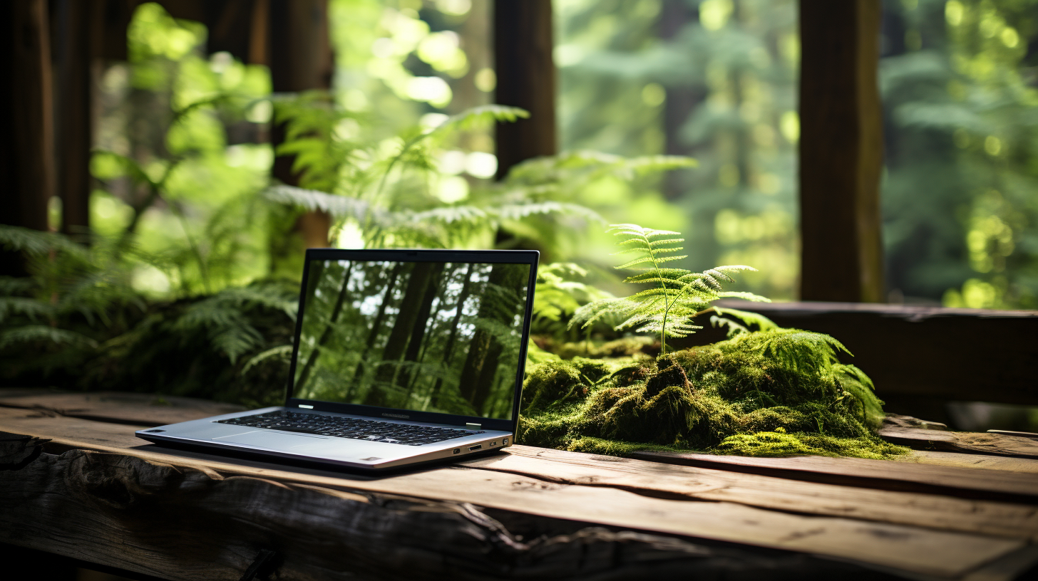 Blank laptop on wooden table in Pacific Northwest forest