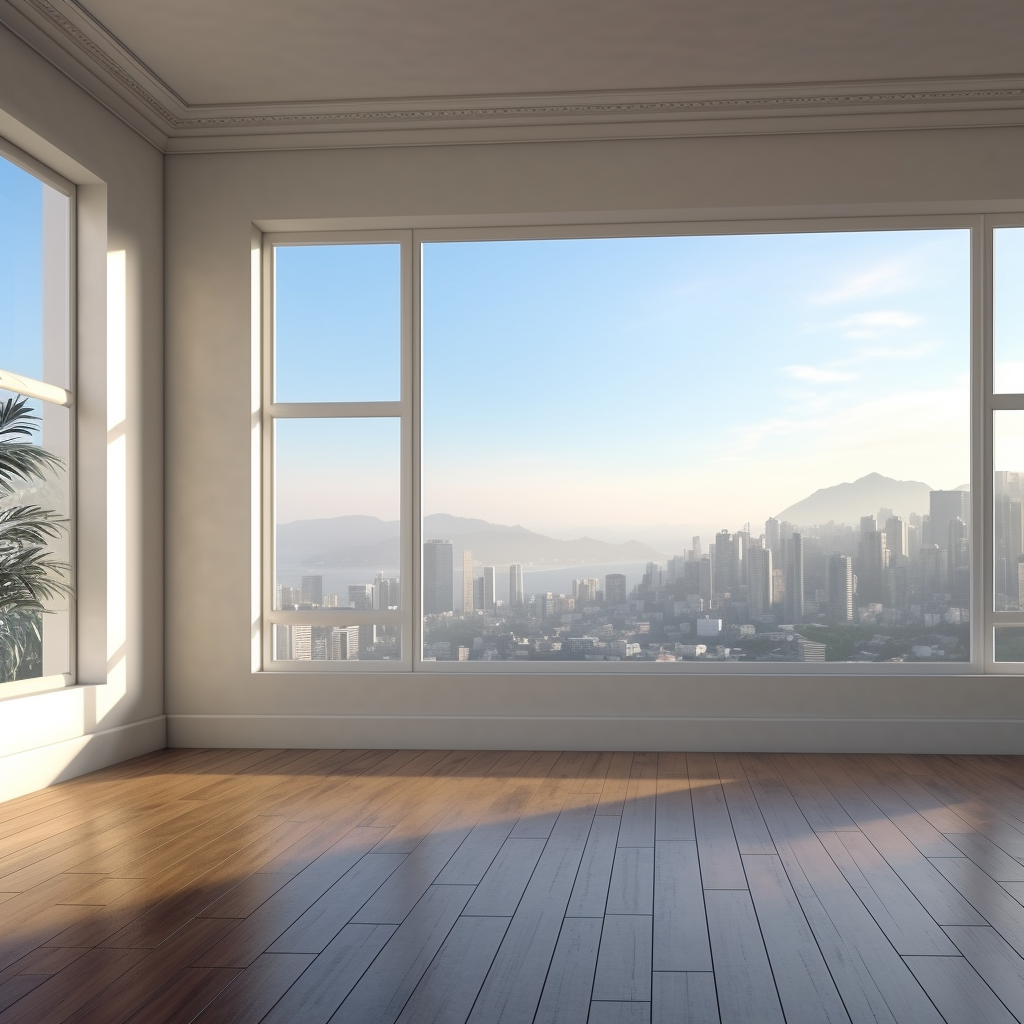 Spacious blank living room with a diagonal window