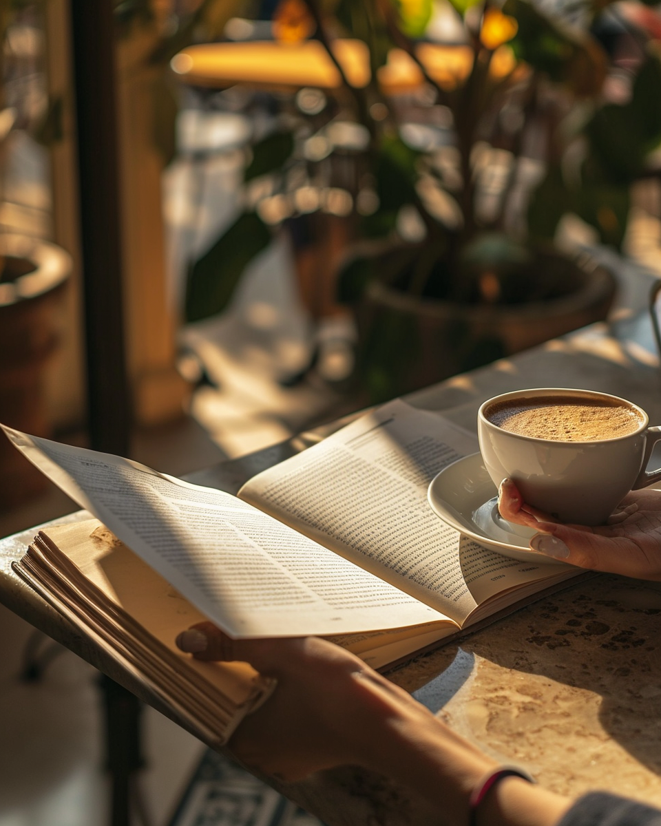 Person holding blank magazine in Spanish Cafe