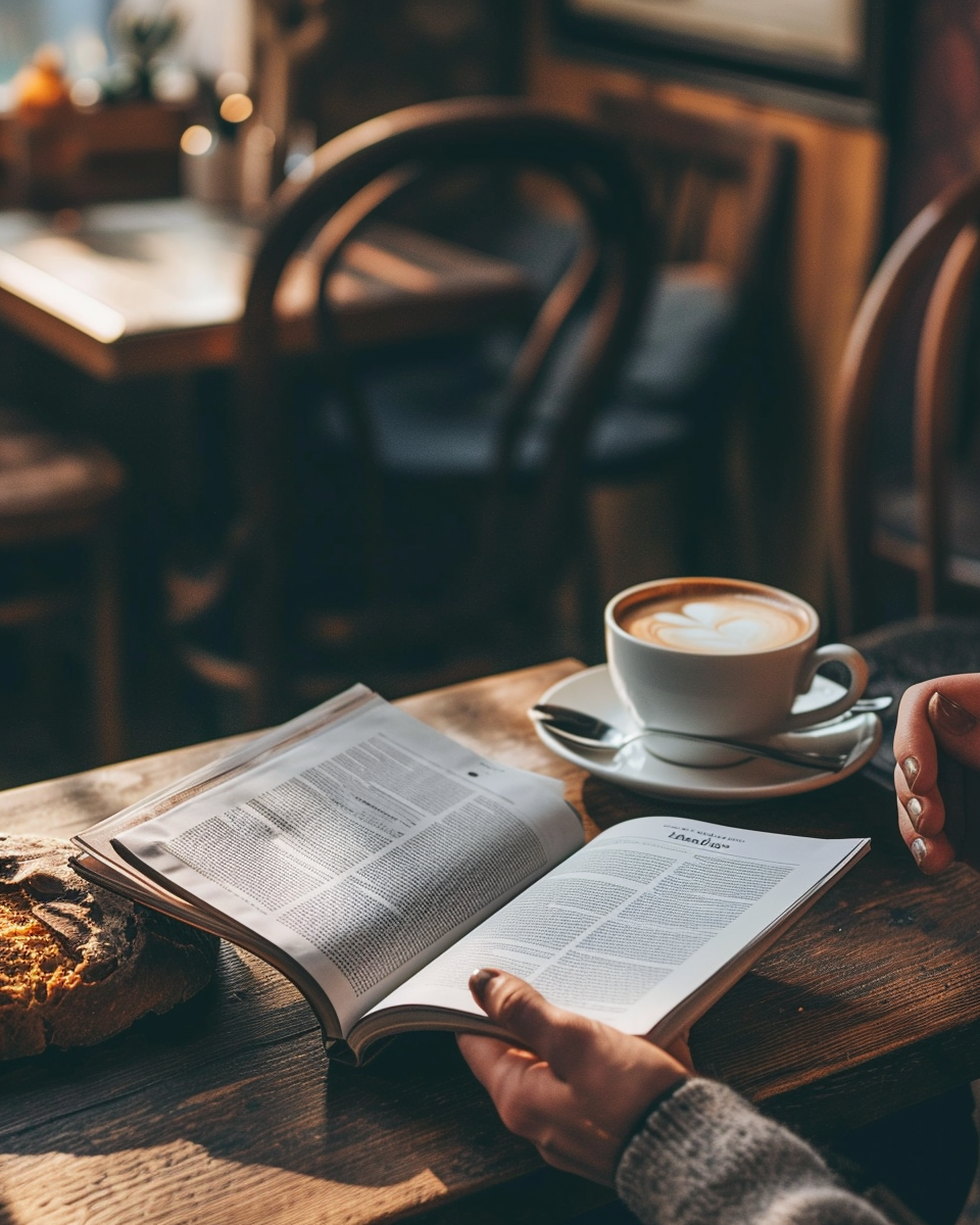 Realistic Magazine Mockup in Spanish Cafe with Coffee