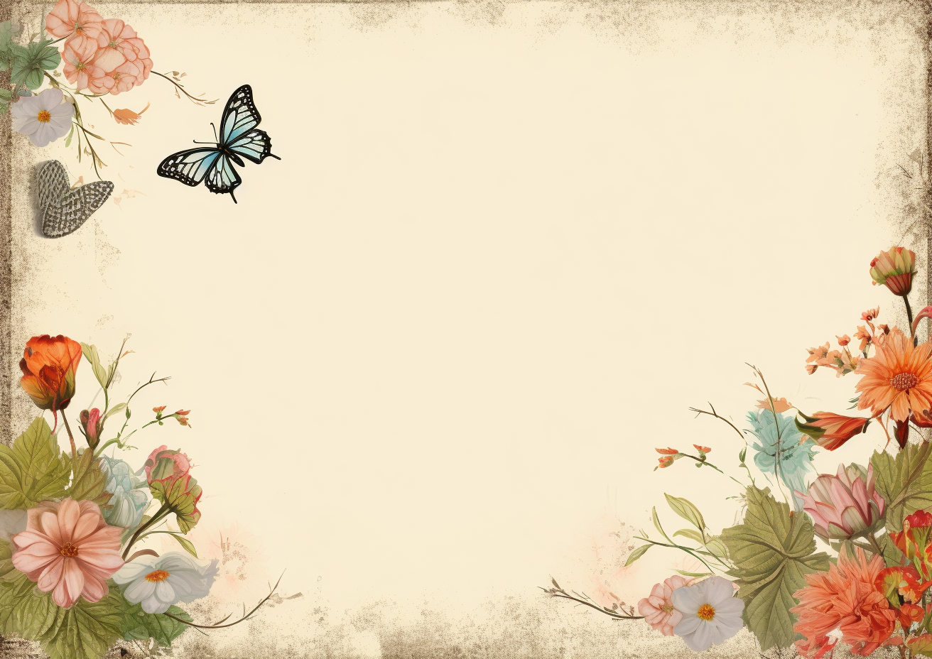 Flowers and butterflies on blank postcard