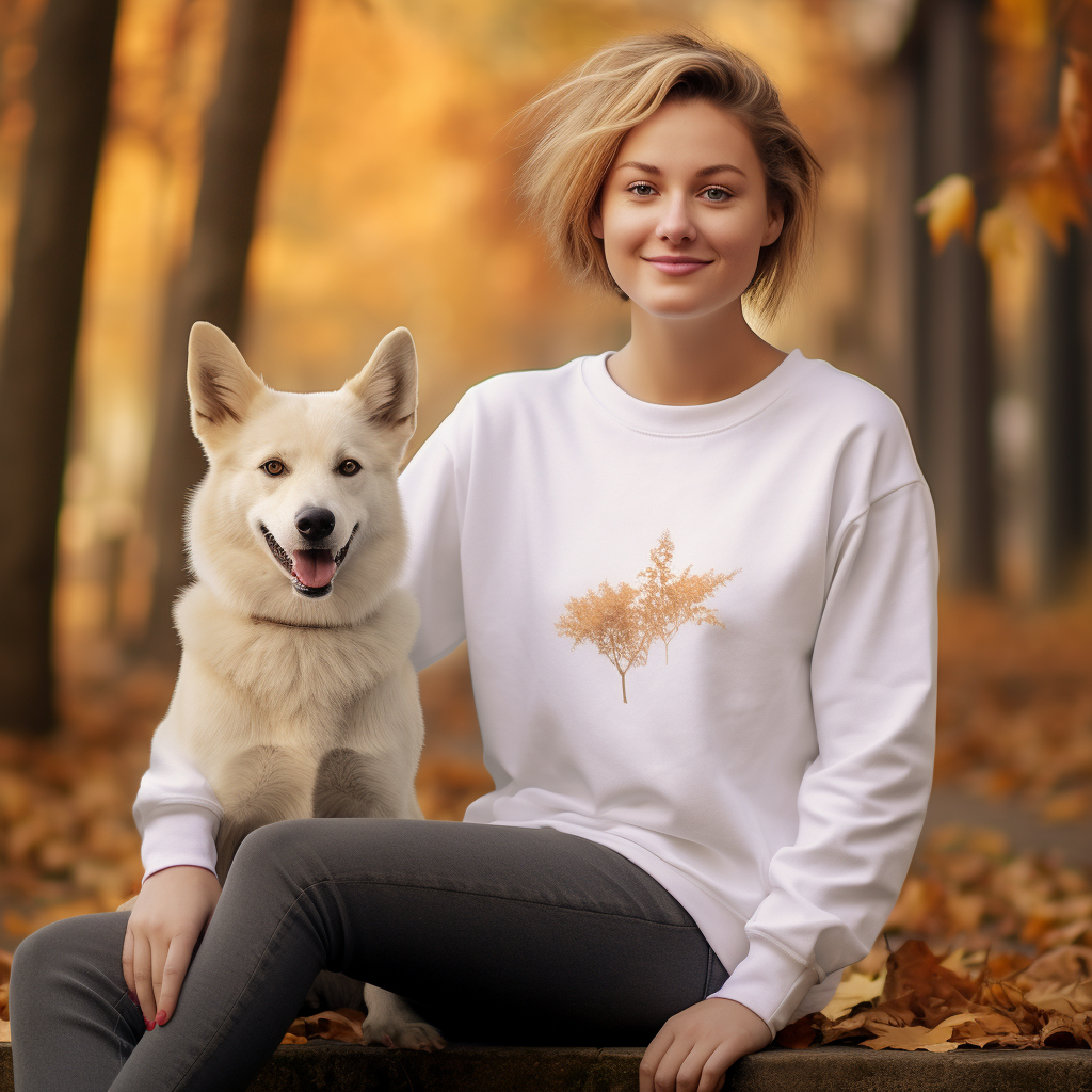 Happy woman in blank white crewneck sweatshirt