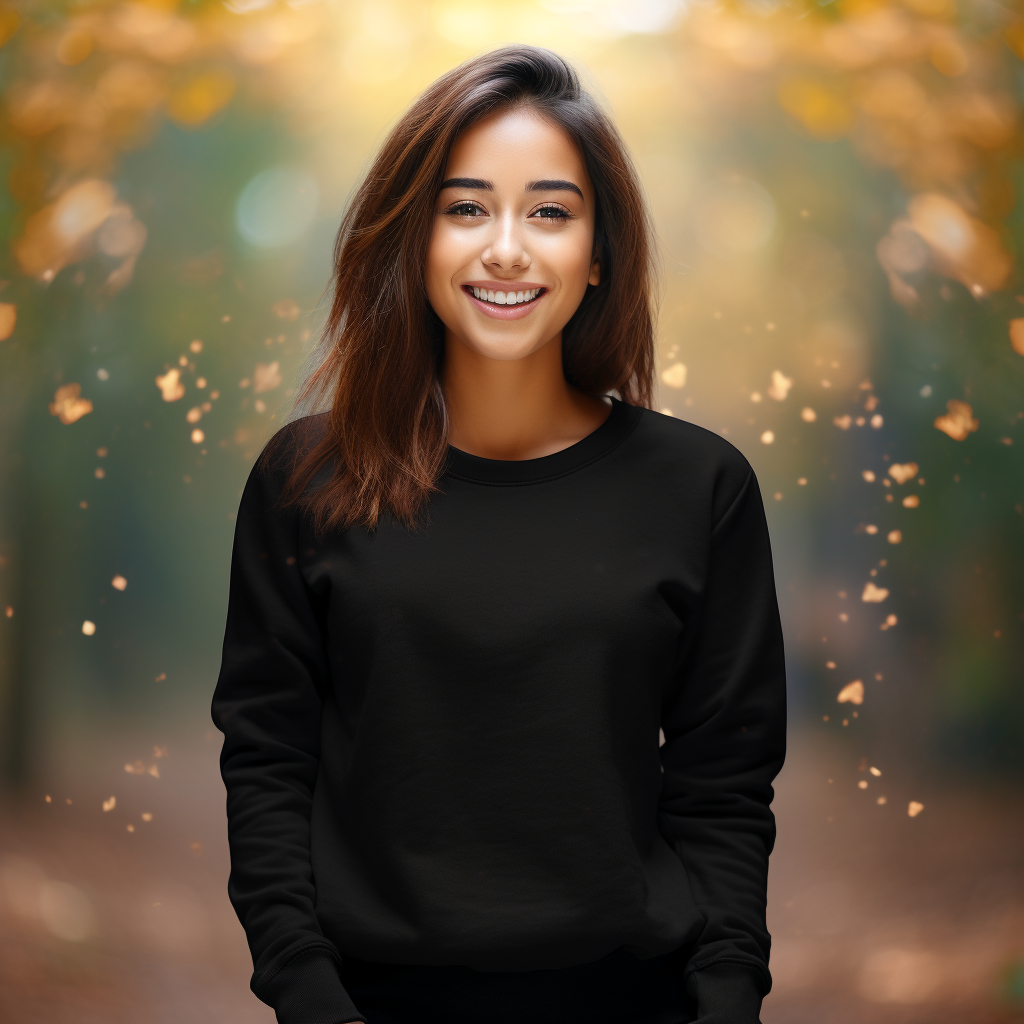 Happy Young Woman in Blank Black Crewneck Sweatshirt