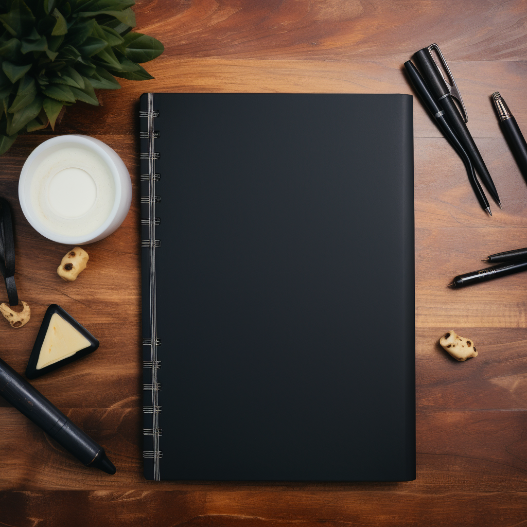 Blank black matte hardcover journal on DnD themed desk