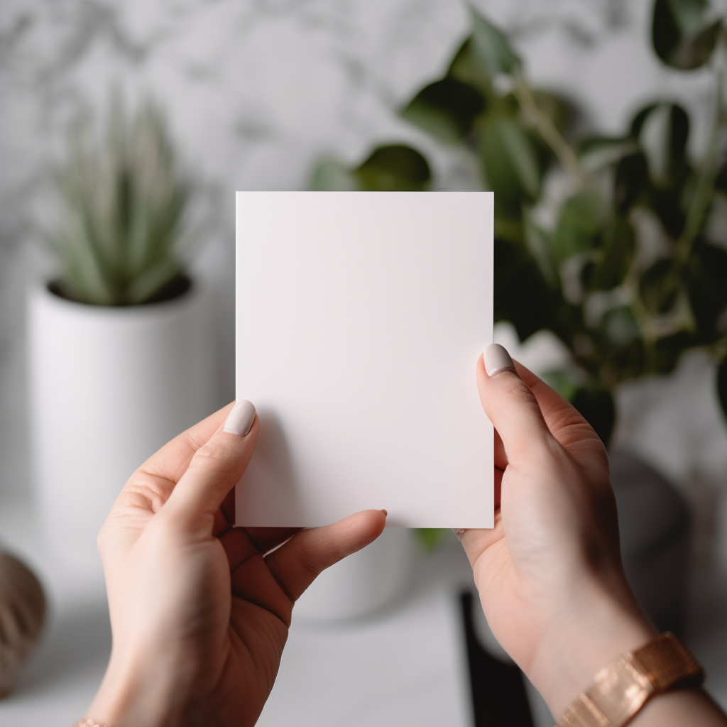 Close-up of blank card on white counter