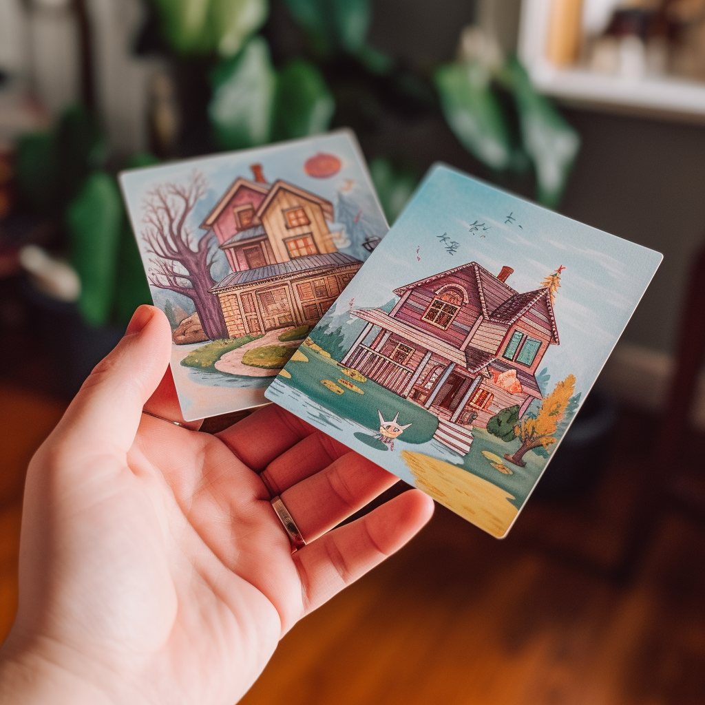 Woman holding blank cards in cozy home