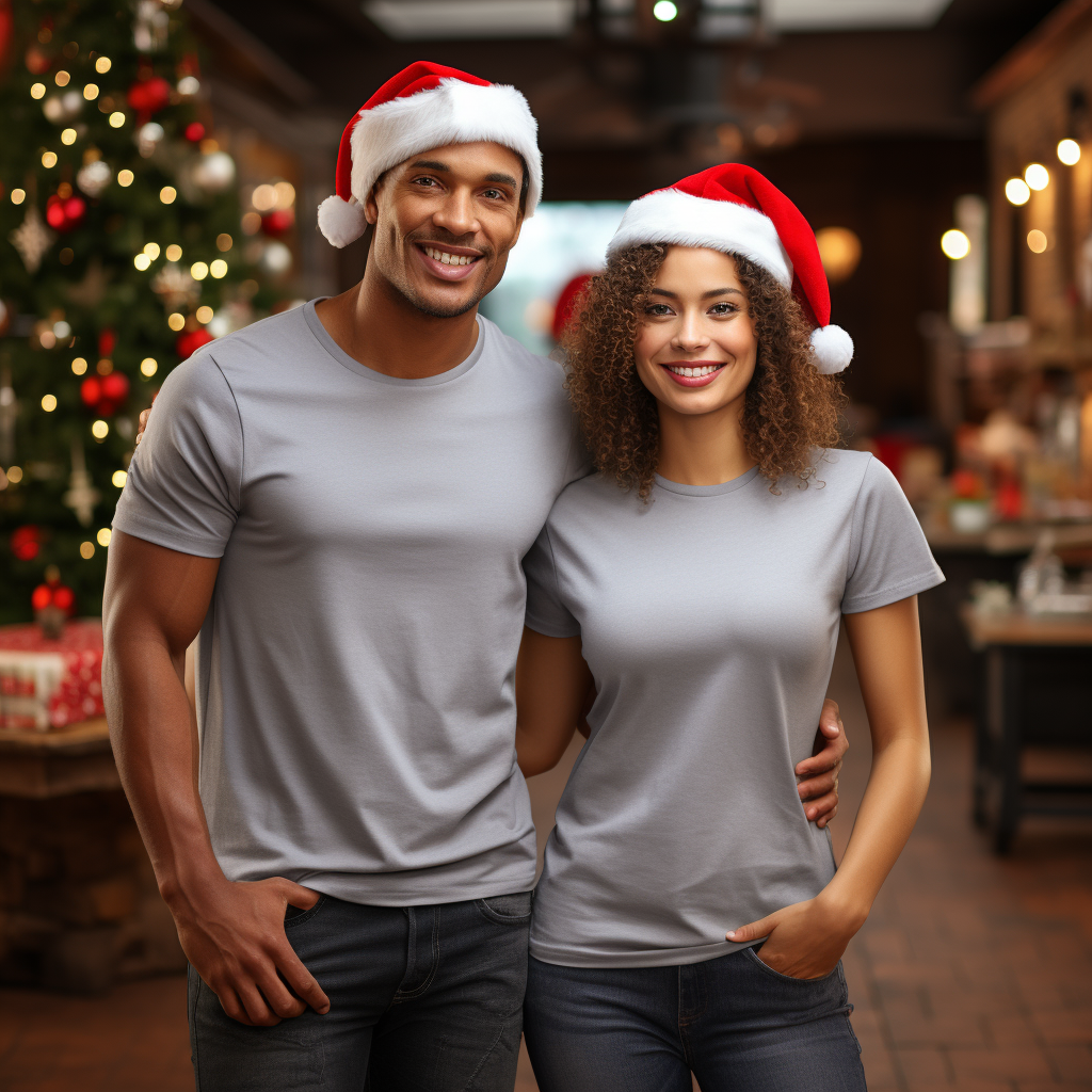 Male and Female wearing Gray T-Shirt with Christmas Theme