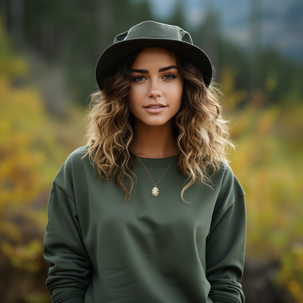 Woman wearing blank forest green sweater in fall field