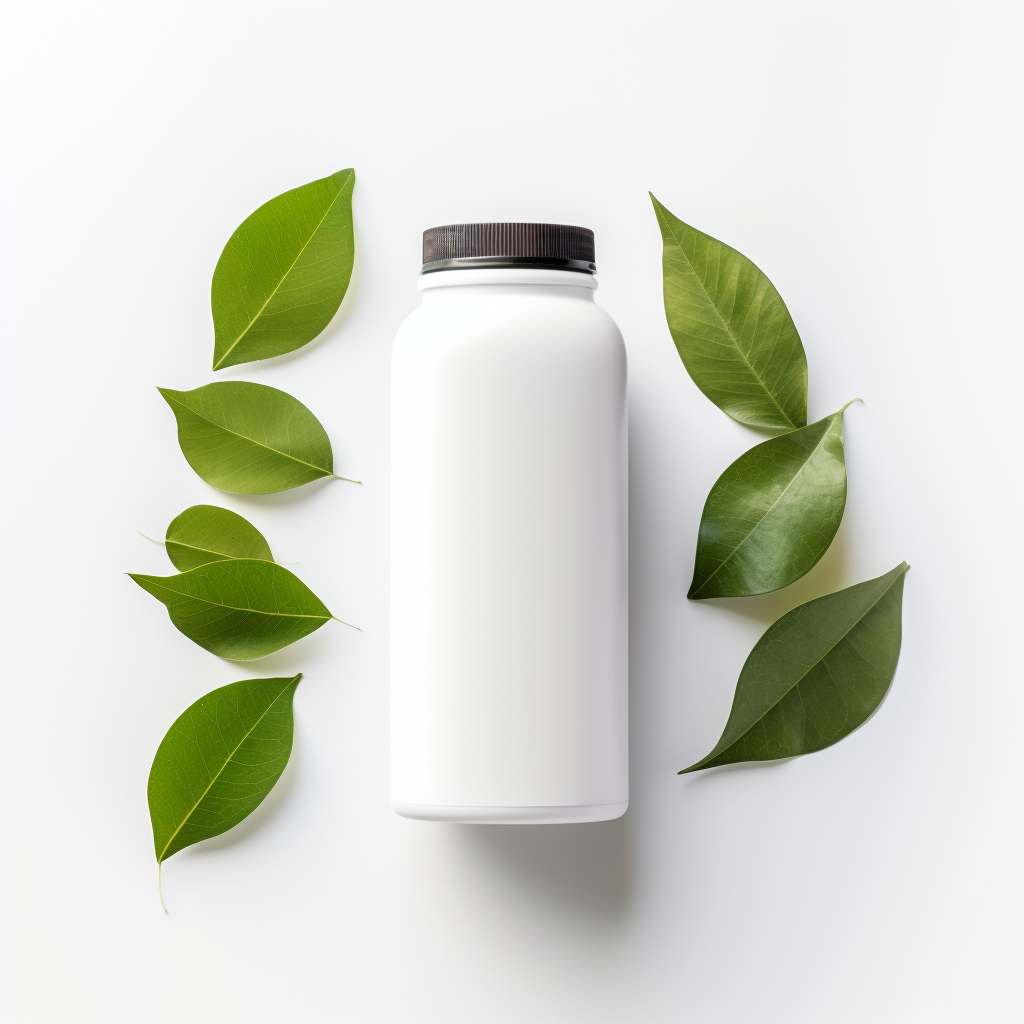 Empty supplement bottle with leaf