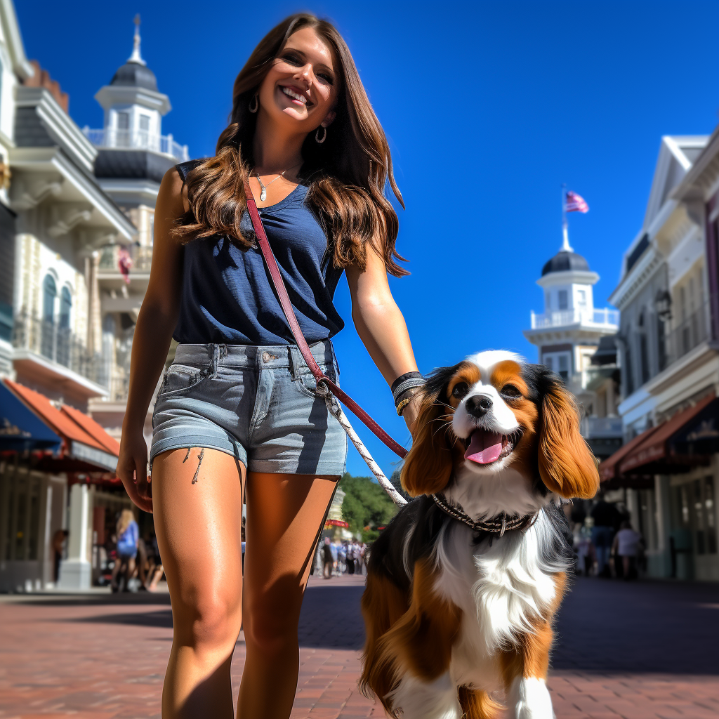 Blenheim Cavalier walking with brunette woman at Disney