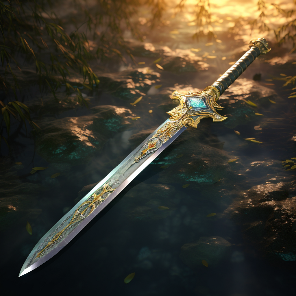 Free floating sword glowing with morning light