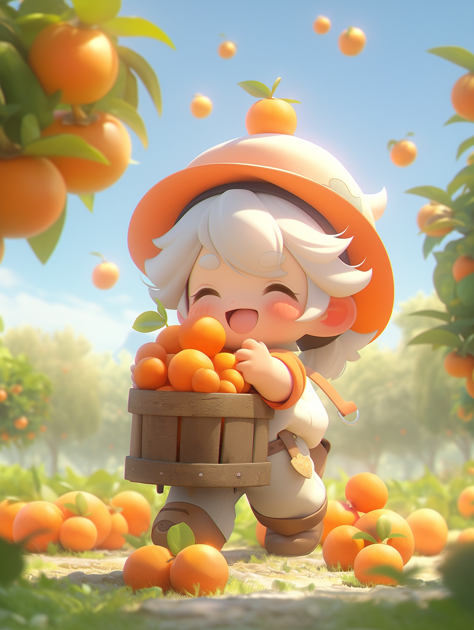 Chibi character with trees and oranges