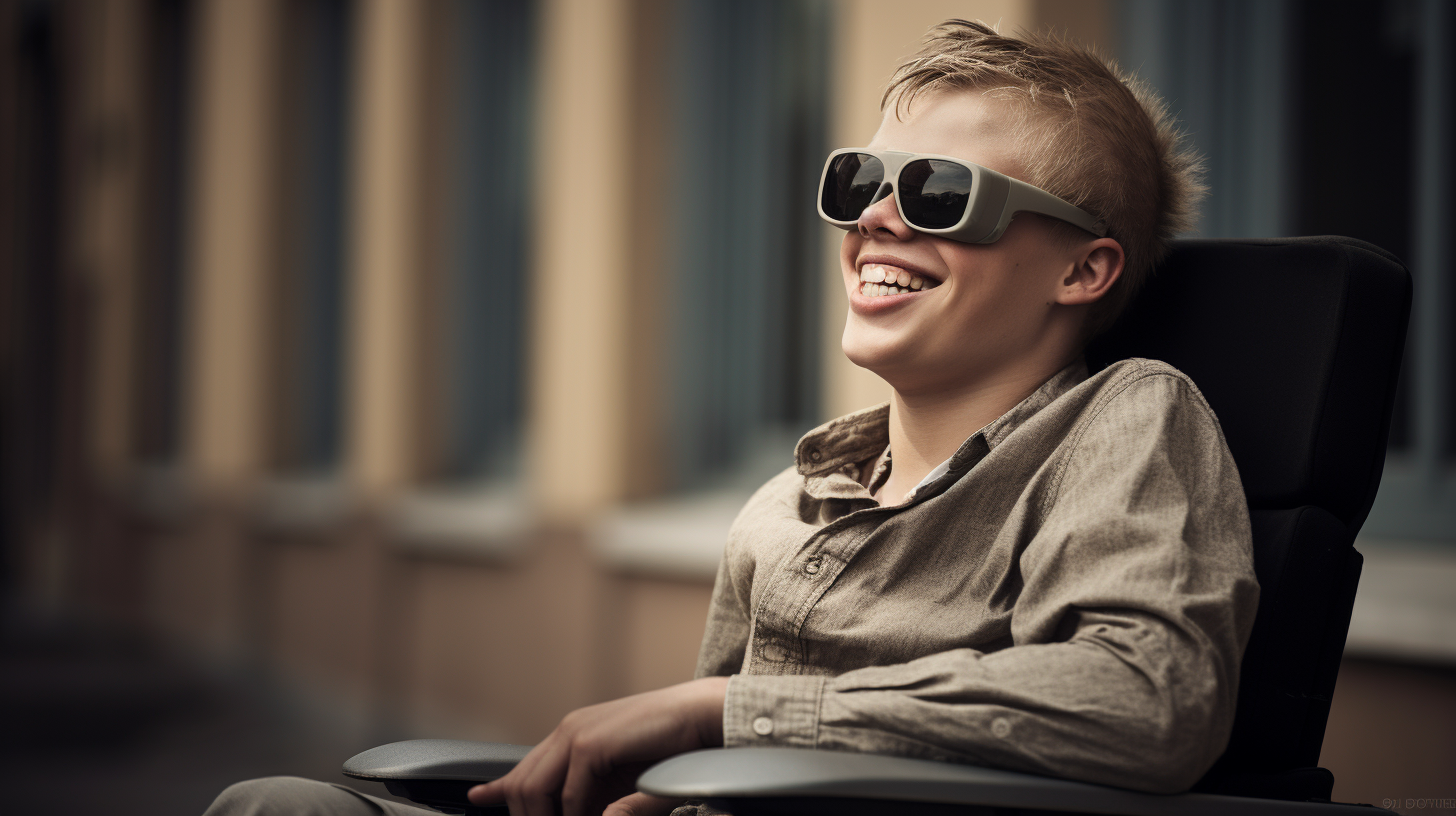 Blind young people using laptop happily