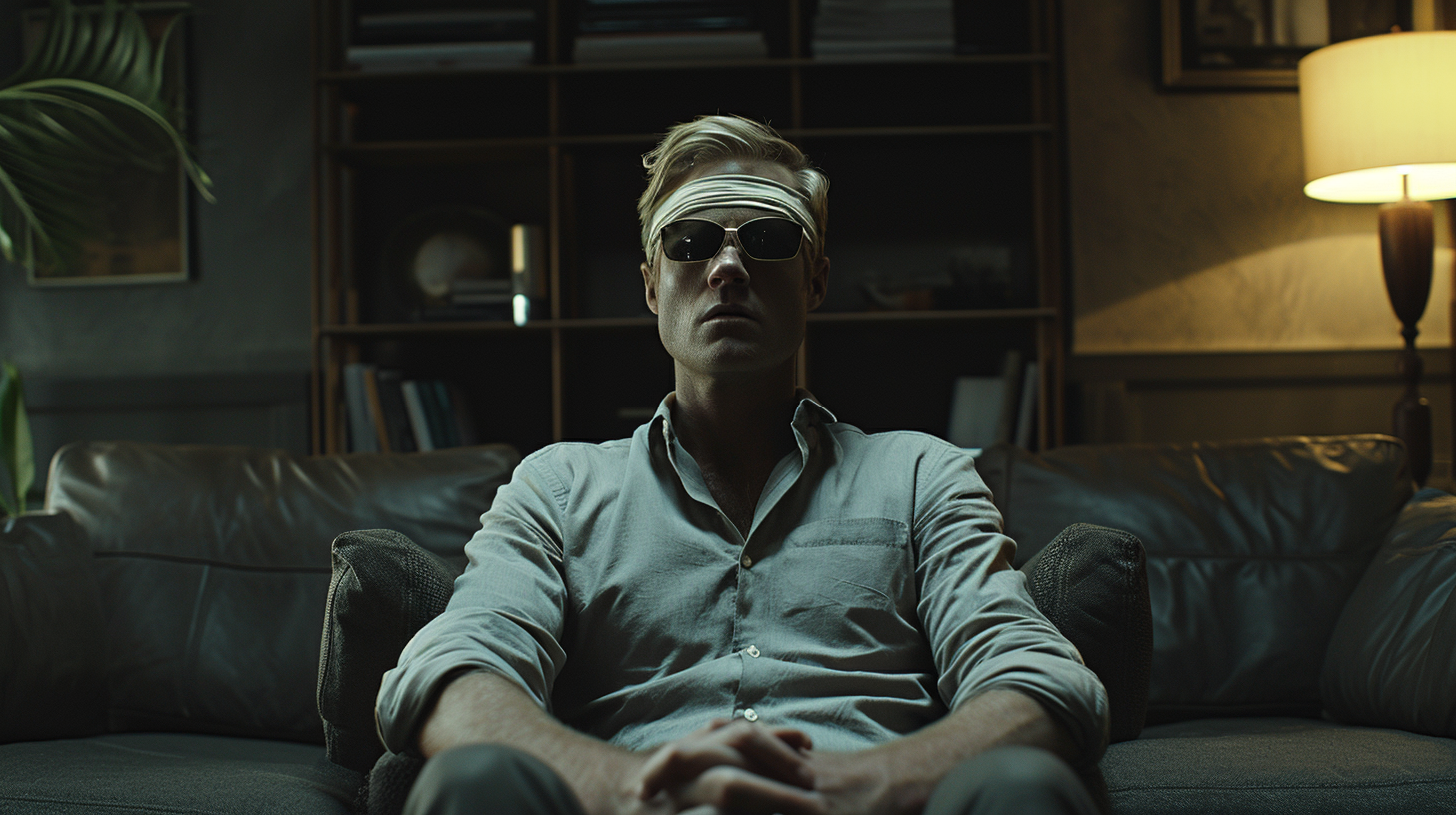 Blindfolded blonde man in dark living room