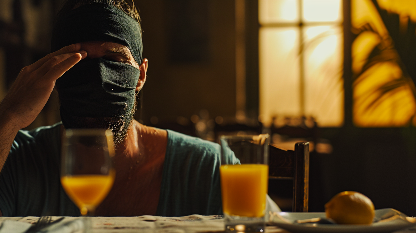 Man blindfolded with orange juice on table