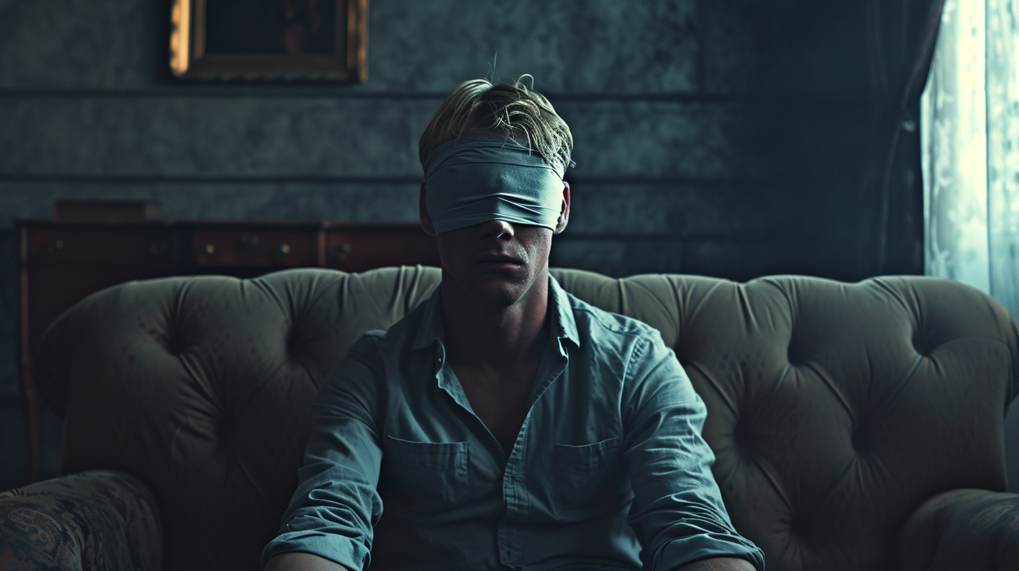 Blonde man tied on sofa