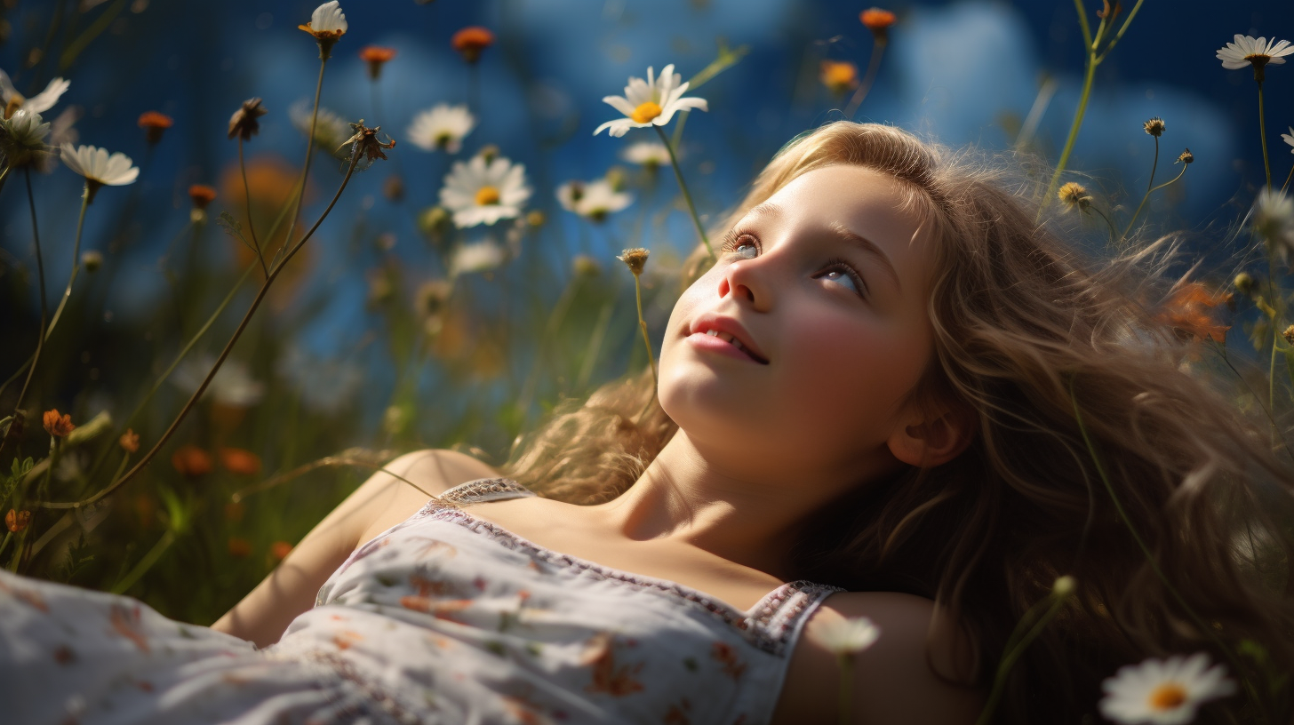 Tween Girl Daydreaming in Meadow