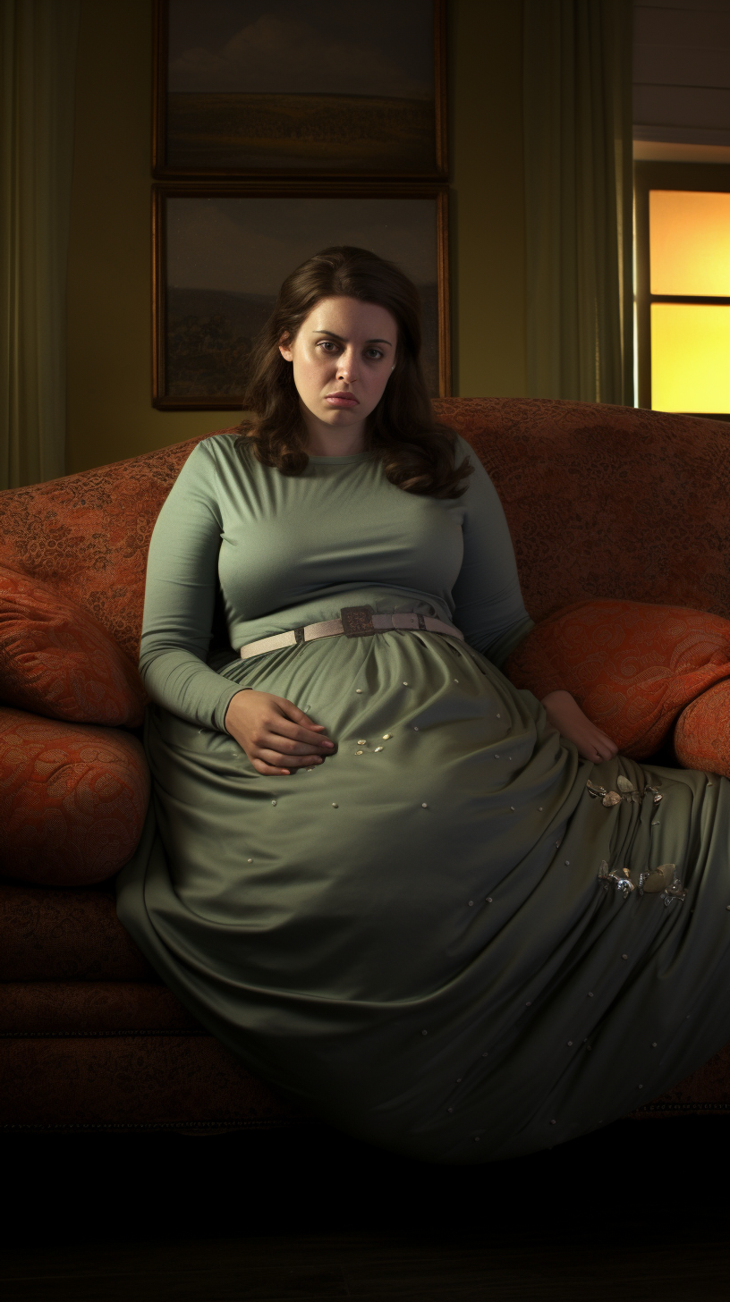 Woman with Bloated Stomach in Living Room