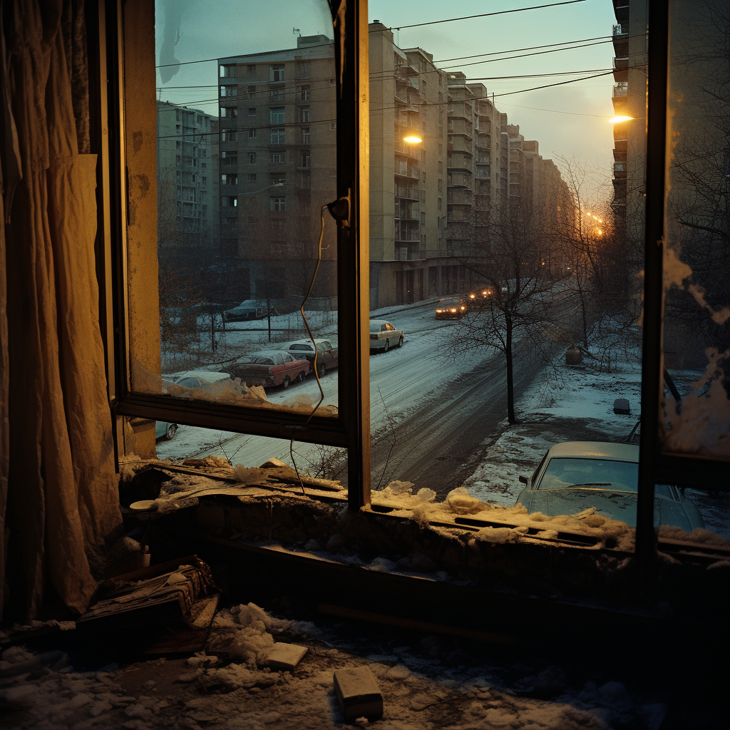 Block Flats Broken Window Evening Snow Baku