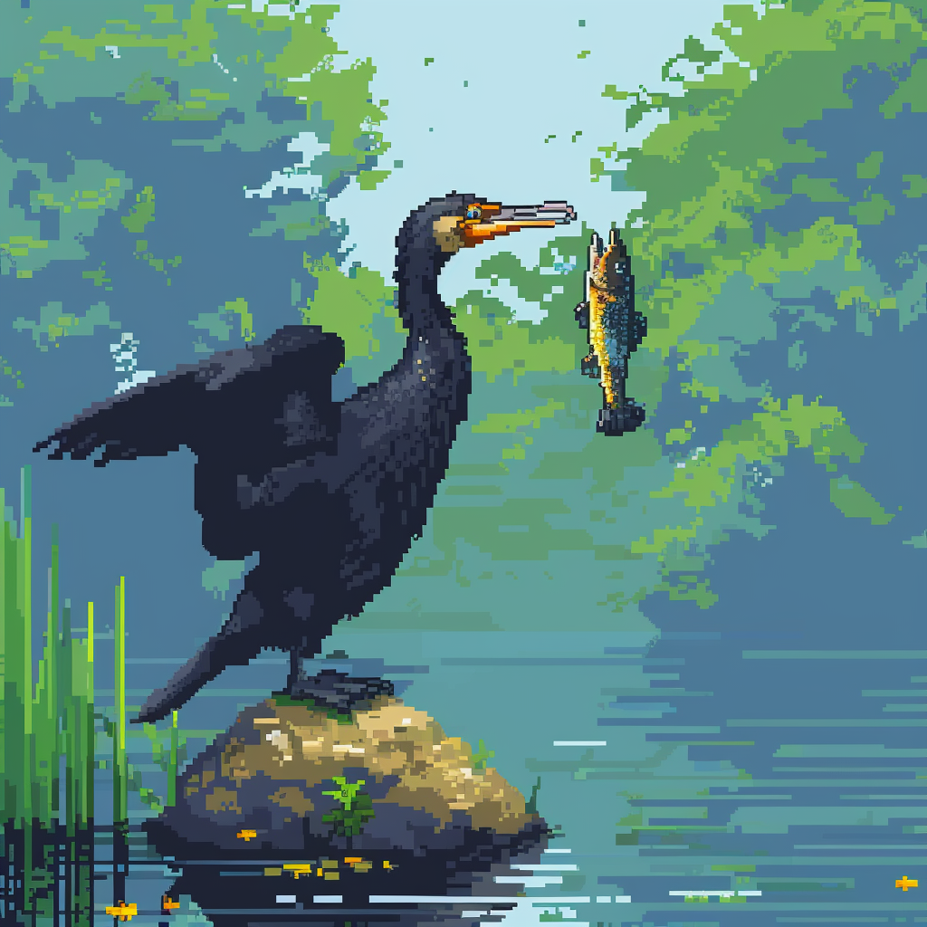 pixel art cormorant fishing fish