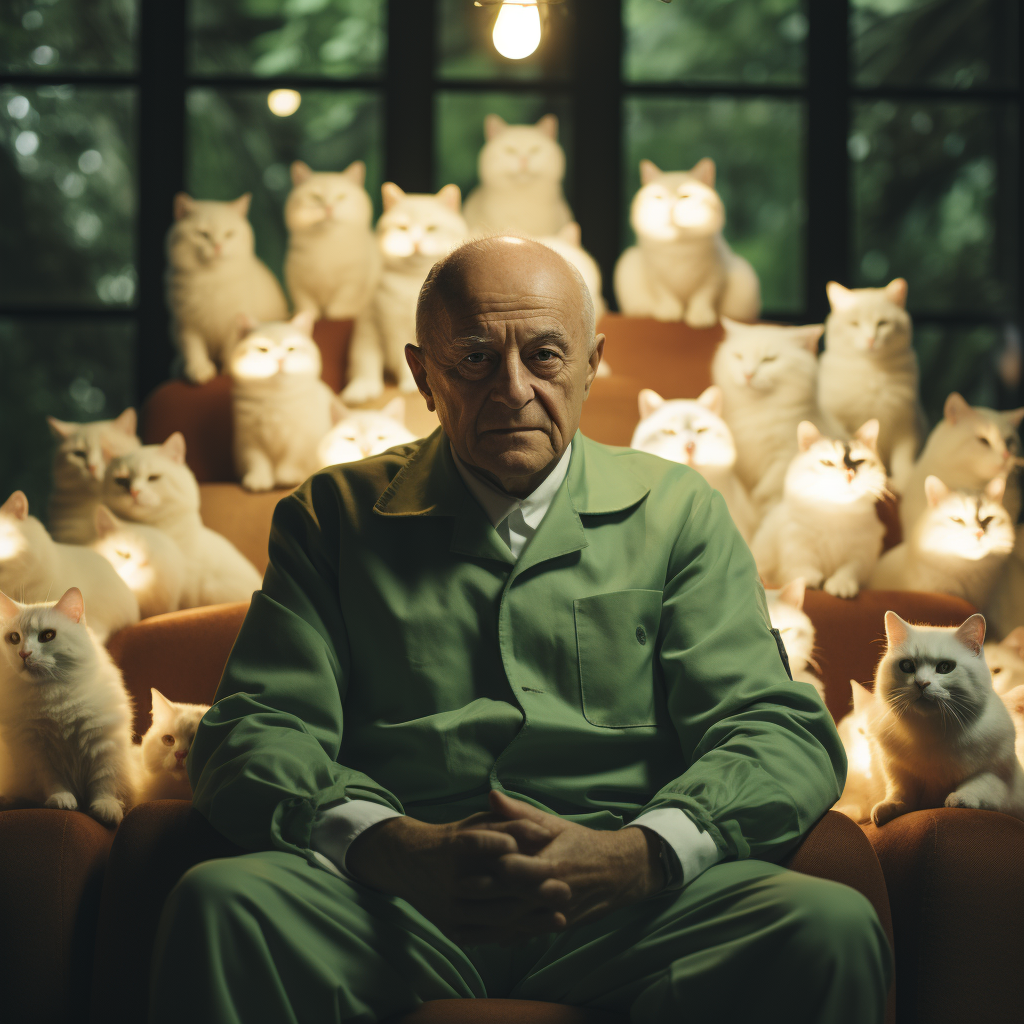 Ernst Stavro Blofeld petting his cat in futuristic lair