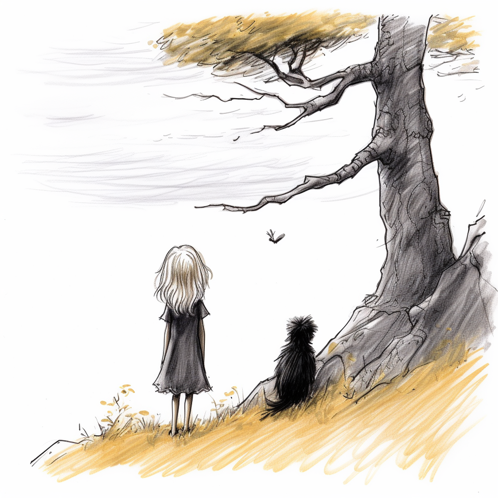 Blond baby girl and miniature schnauzer beneath a tree with a raven