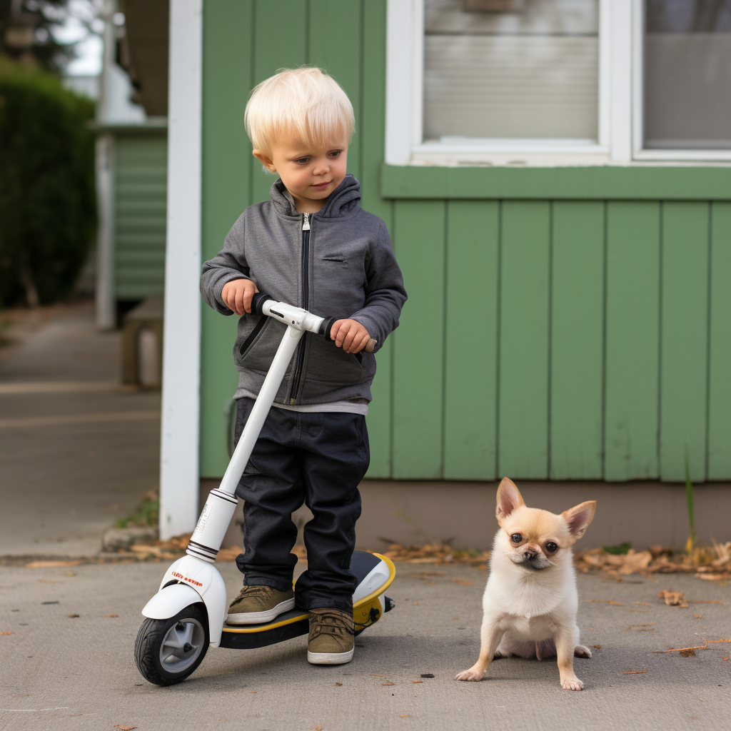 Blond child with green helmet on standing next to a scooter