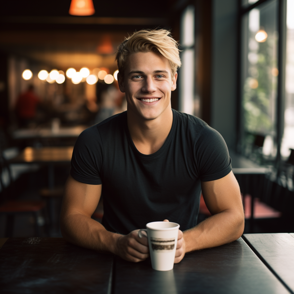 Handsome blond collegiate jock in modern cafe