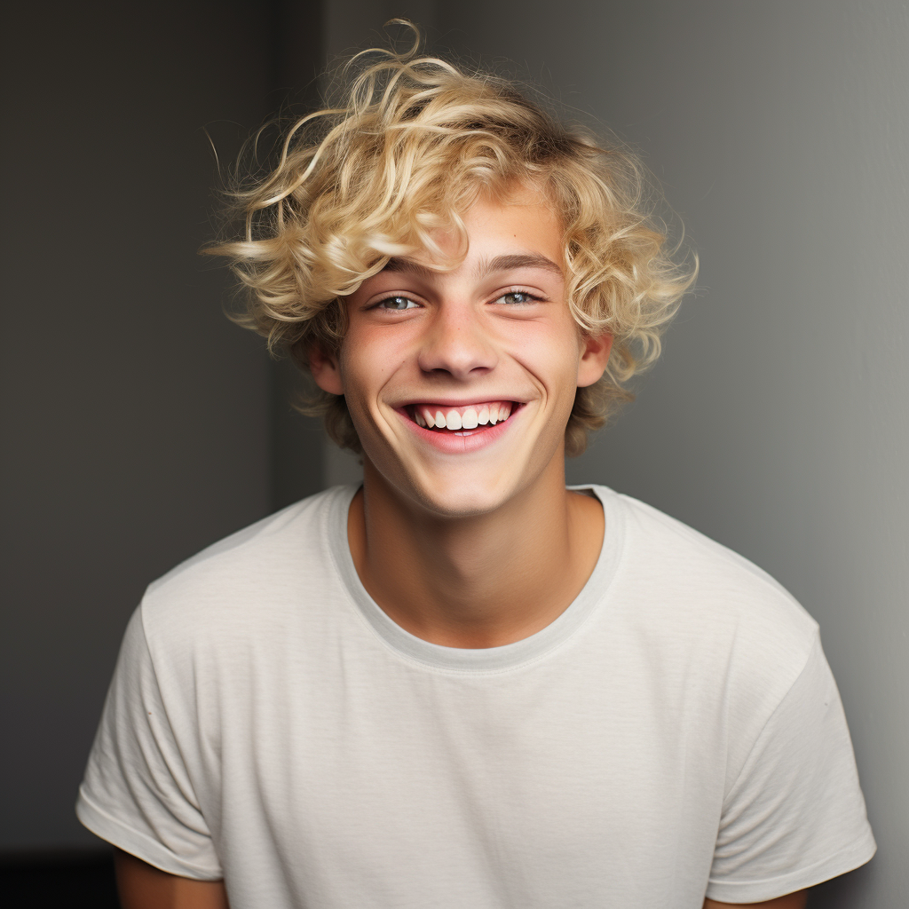 Happy teenage boy with blond curls smiling and teasing