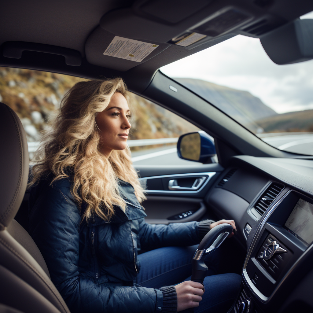 Blond female driver in blue Volvo XC60