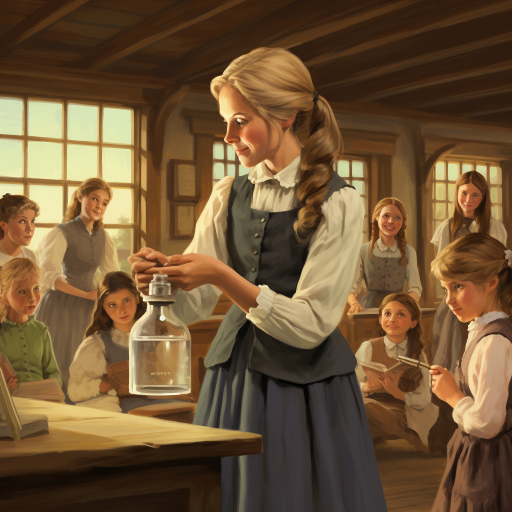 Blond girl in 1800s schoolroom holding pickled limes