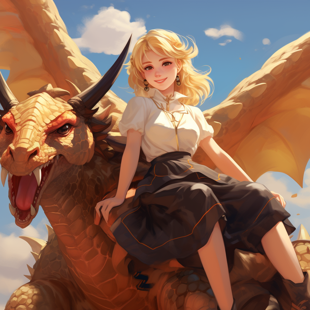 Cute blond girl on bull fighting dragon