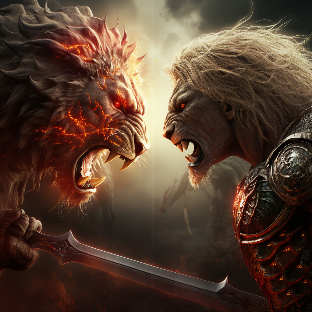 Blond hair male spartan warrior prince battling a fierce lion