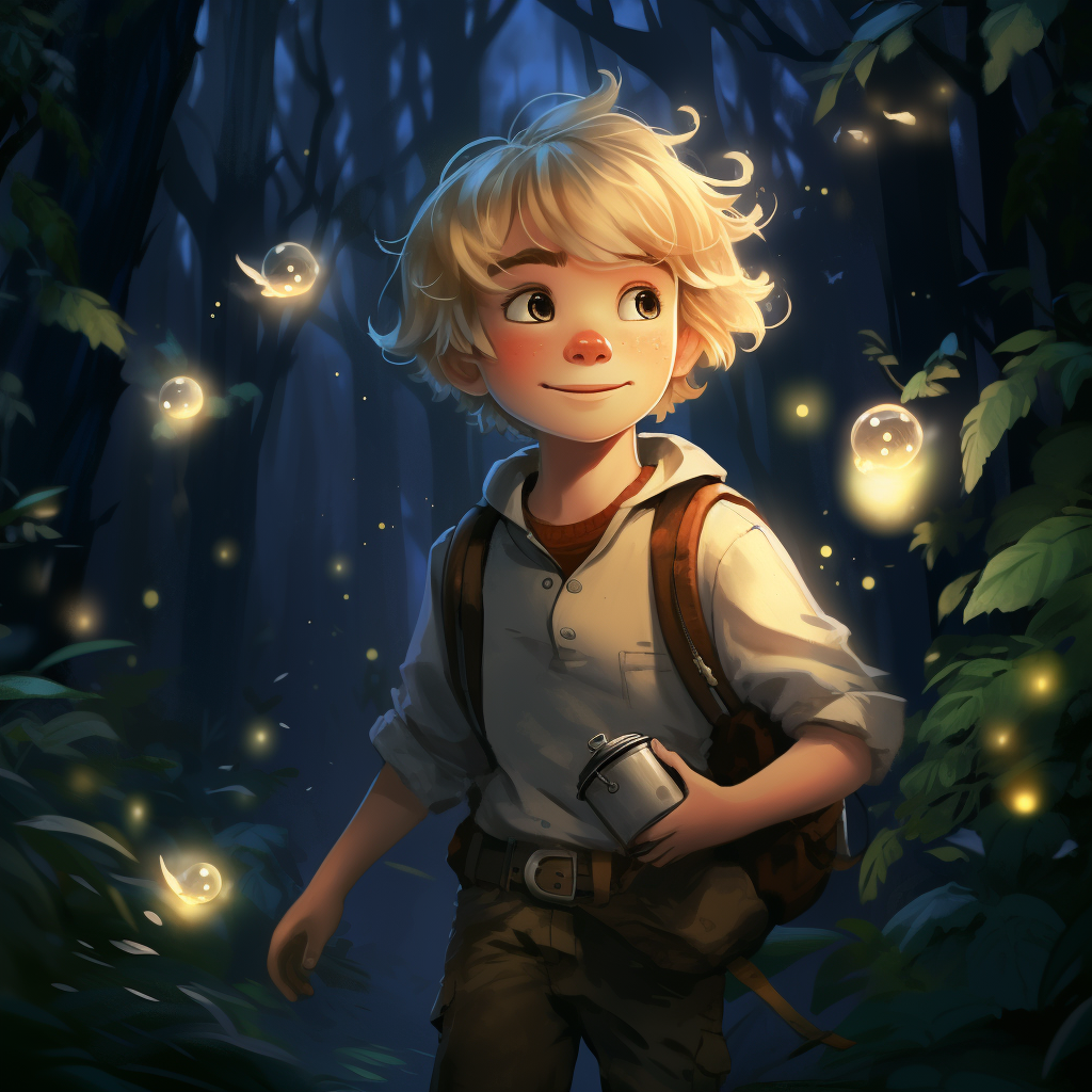 Smiling blond-haired boy in a forest with fairies and fireflies